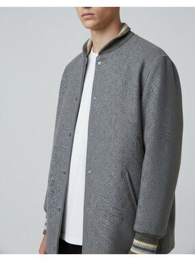 Windward Outdoor Clothing Gray Wool Varsity Jacket With Striped Knit Trim & Butt